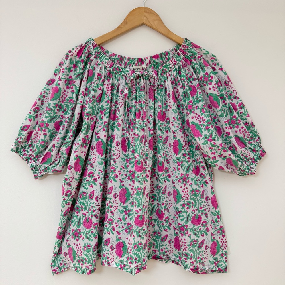 SZ Blockprints Hot Pink Floral Padra Tracy Top, Size Large - Picture 2 of 16